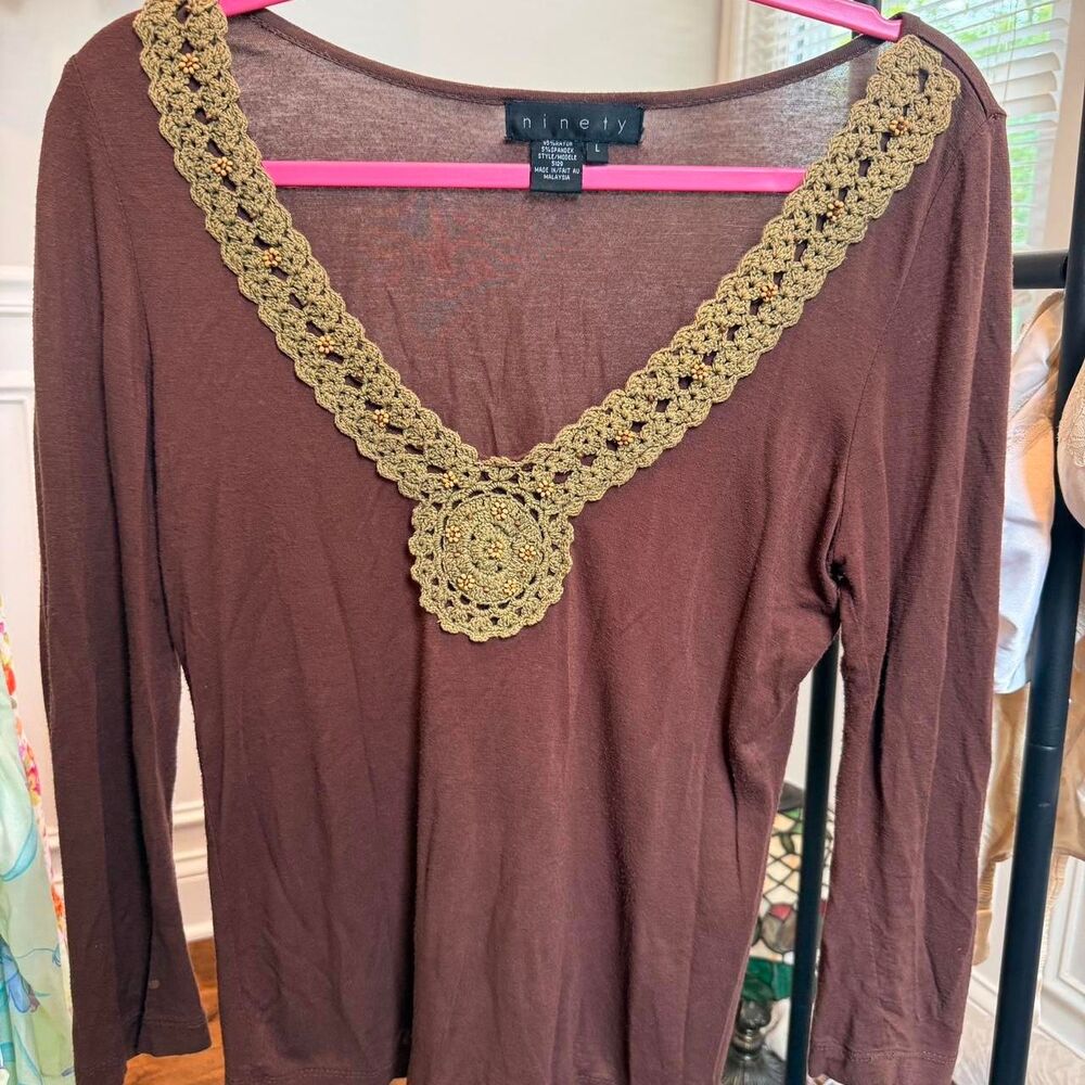 Ninety 90s Brown 3/4 Sleeve Boho Top
